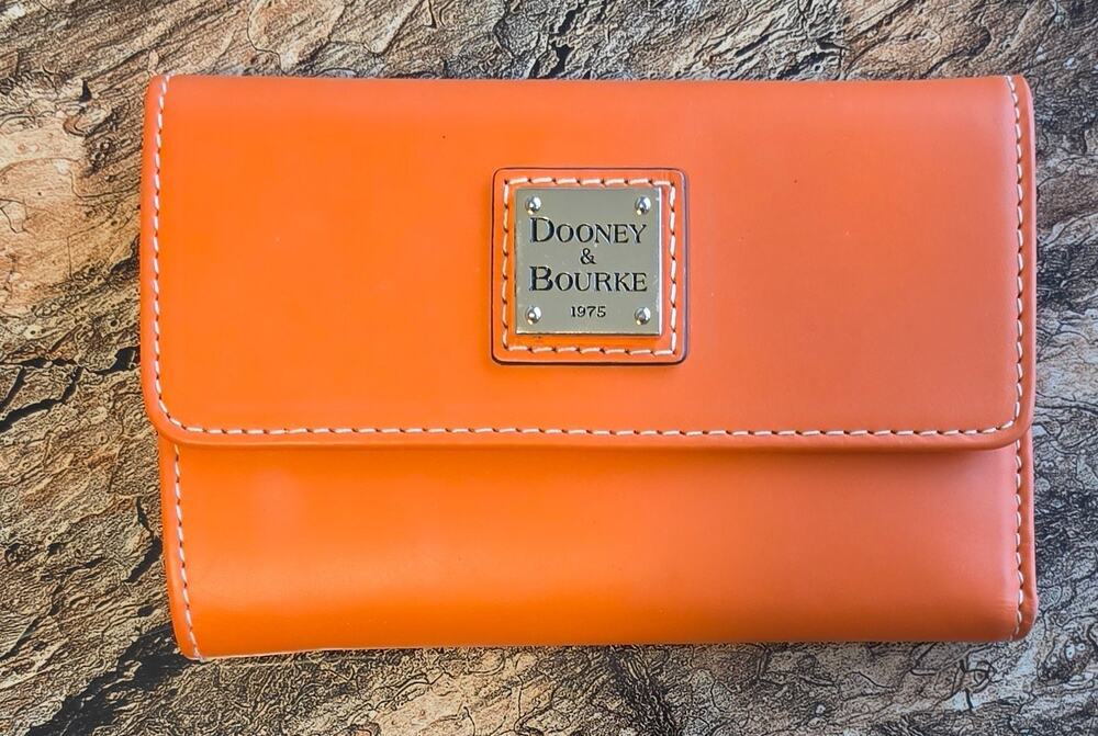 Dooney & Bourke Orange Leather Tri-Fold Wallet w/Zip Coin Pocket Card Slots